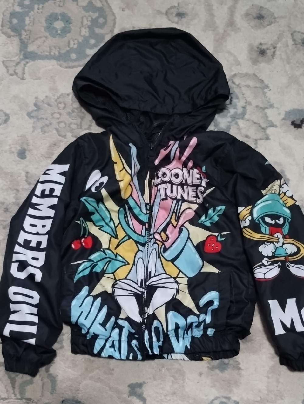 Members Only Black Kids Hooded Graphic Jacket with Multicolor Cartoon Art